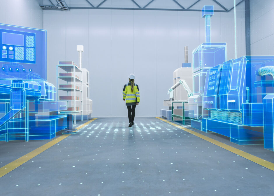 Virtual production line layout concept turned into reality Virtual production line layout concept turned into reality in augmented reality in the shop hall
