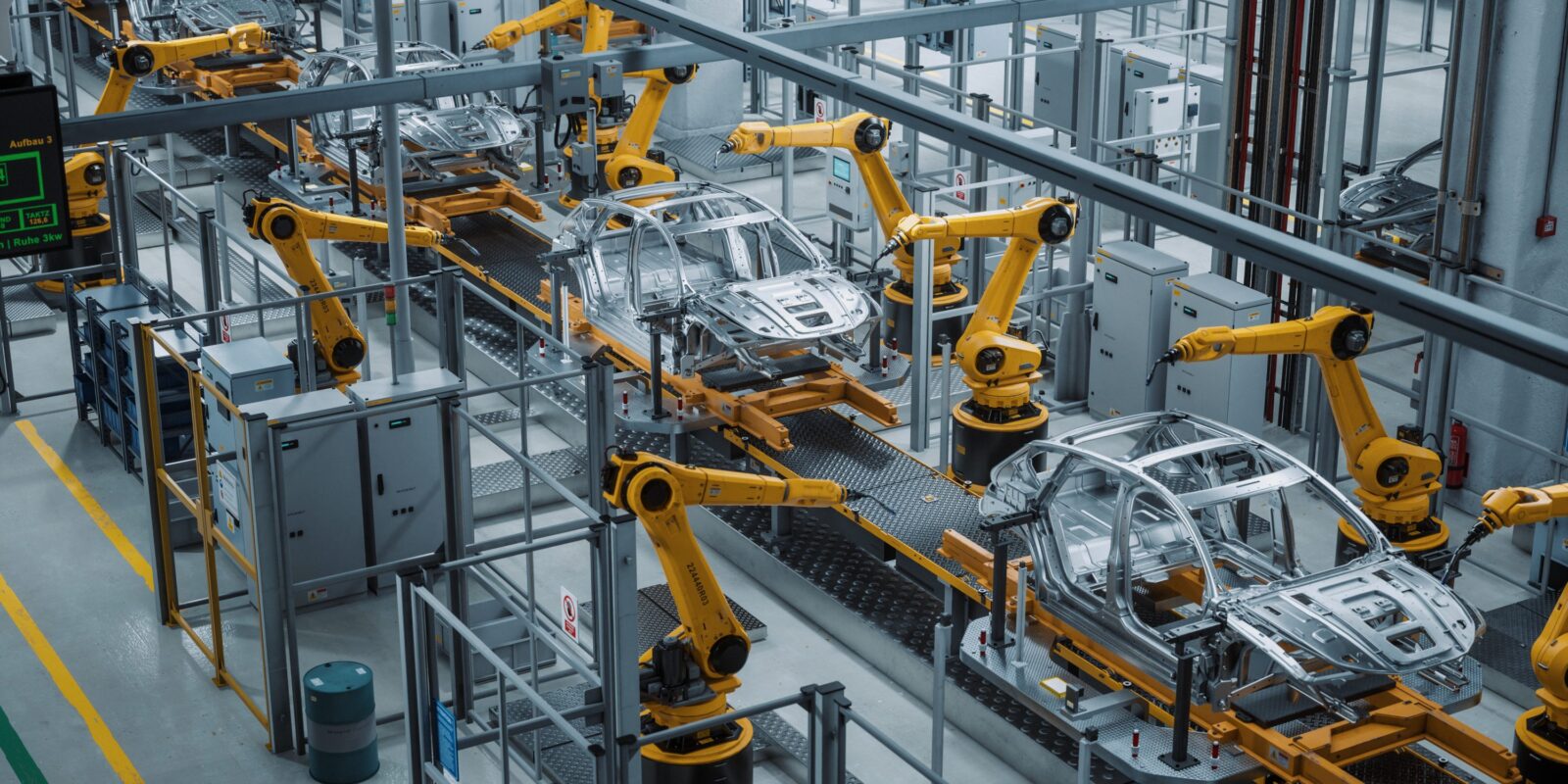Car Factory 3D Concept: Automated Robot Arm Assembly Line Car Factory with automated robots welding car parts